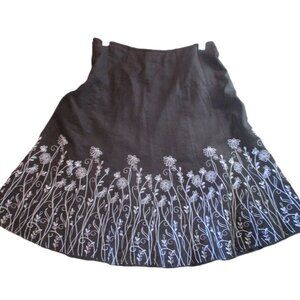 Black A-line Linen-Rayon  midi skirt with  white embroidery border